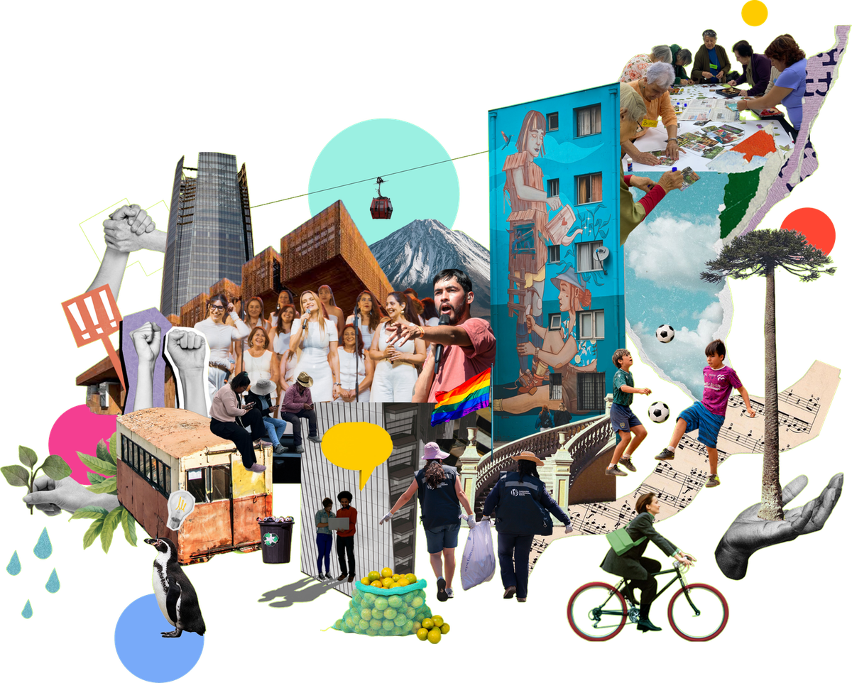 Collage de personas, organizaciones y lugares de Chile